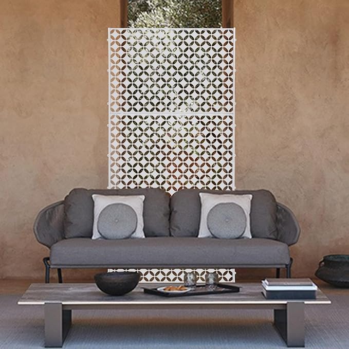75" H×35" W Decorative Outdoor Privacy Screen with Stand, Outdoor Decor Privacy Fence Screen Metal Fence Panels, Free Standing Metal Divider for Patio Lawn Deck (White-Circle)