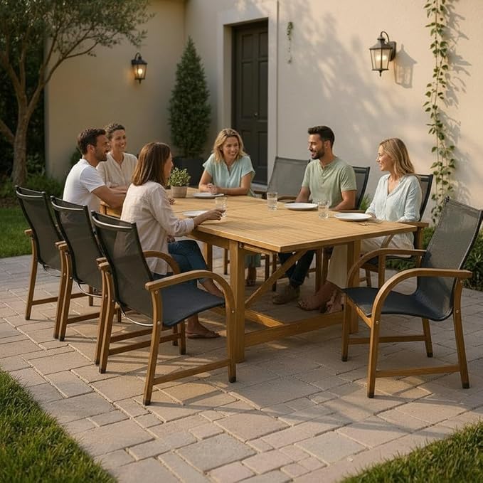 Amazonia Franklin 9-Piece Rectangular Extendable Patio Dining Set Teak Finish and Weather-Net Technology Ideal for Outdoors and Indoors