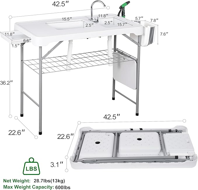 Allpop Fish Cleaning Table with 2 Sinks & Grid Rack, 42.5'' Portable Folding Camping Fish Station with Foldable Faucet, Drainage Hose, Sprayer, Storage Box, Drawer & Grooves for Picnic, White