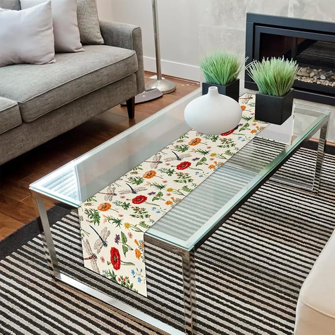Flowers Dragonflies Table Runner Kitchen Dining Table Runner 13*48in Table Center Decor for Indoor Outdoor Home Holiday Party