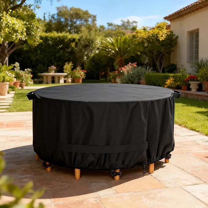 LBTING Round Patio Furniture Cover, Outdoor Table Chair Set Covers 48Dia x 28H Inches, 420D Waterproof Windproof Dust-proof UV-Resistant Furniture Cover - Black
