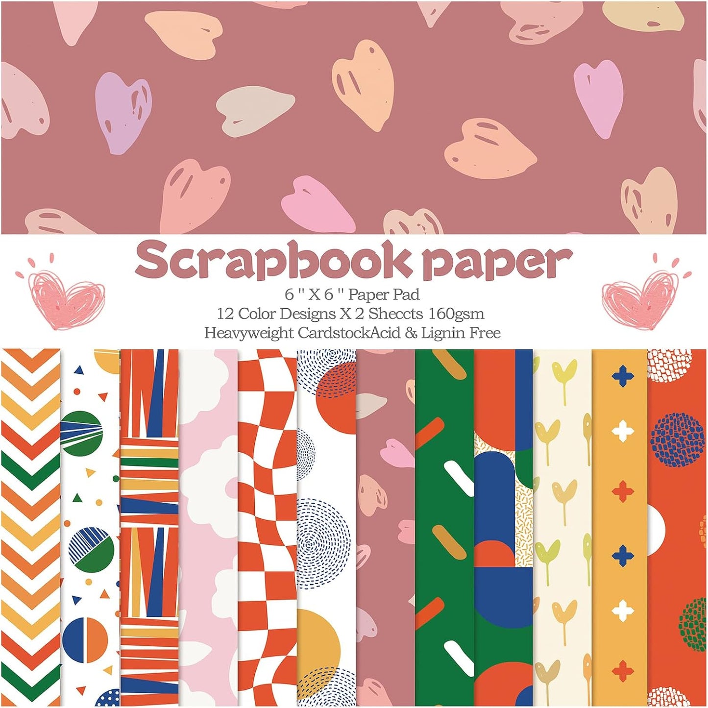 24 Sheets 12 Designs Scrapbook Paper Pad,6"×6” Single-Sided Decopodge Craft Cardstock Paper,Scrapbooking DIY Decorative Background Cardmaking Supplies.Sweet Love