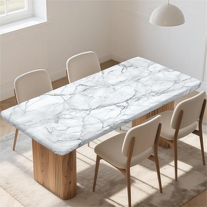 Rectangle Table Cloth Cover Waterproof Elastic Fitted Polyester Fitted Tablecloths for 6 Foot Tables for Indoor,Picnic, Camping, Outdoor （72" x 30"，Marble）