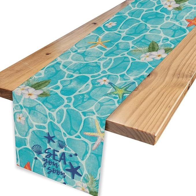 Summer Starfish Table Runner, Blue Sea Coastal Tropical Flower Beach Nautical Starfish Ocean Table Runner Seasonal Holiday Home Kitchen Dining Table for Home Party Decor 13"x36"