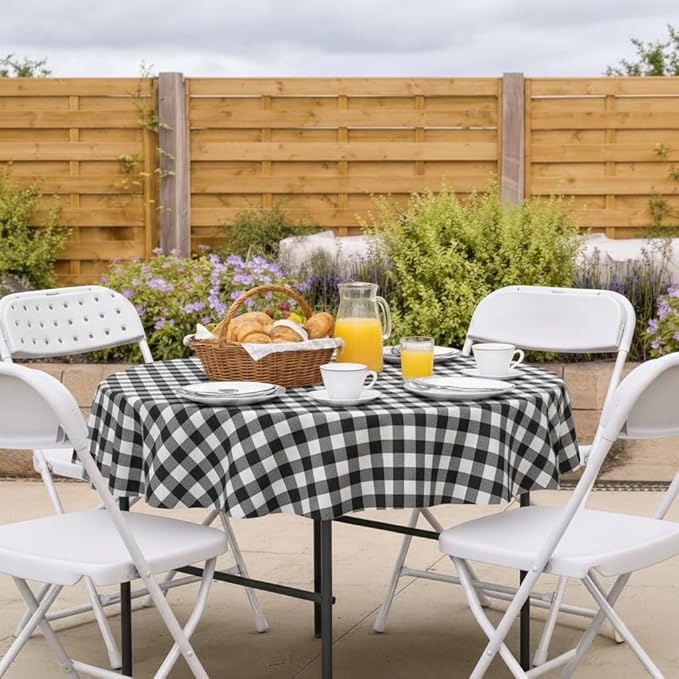 Nasitos 2 Pack Checkered Round Tablecloth 60 Inch-Waterproof Oil & Spill Proof Washable Wipeable Table Cloth, Black and White Plastic Table Cover Flannel Backed for Dining, Party, Outdoor, Picnic
