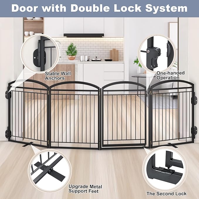 Full Metal Free Standing Dog Gate with Door for Outdoor Indoor,96'' Extra Wide 36'' Tall Dog Gates for Doorways,Large Openings,Decks,Porch,Freestanding Portable Pet Fence(4 Panels,Black)