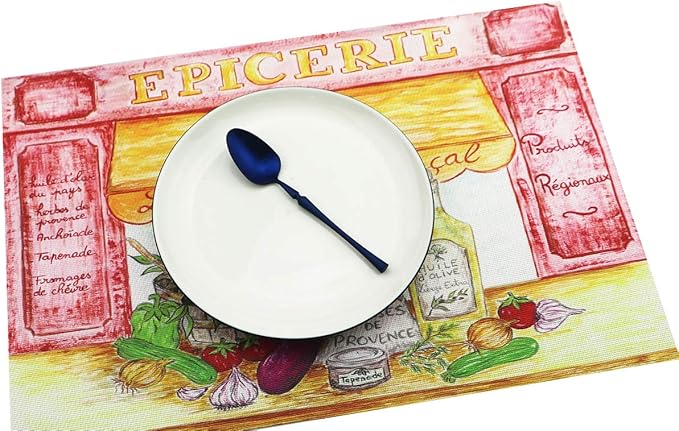 Gugrida Placemats Set of 6 Plaid Checkered Colorful Landscape PVC Placemat for Dining Table Durable Woven Vinyl Stain tablemats 18"X12"