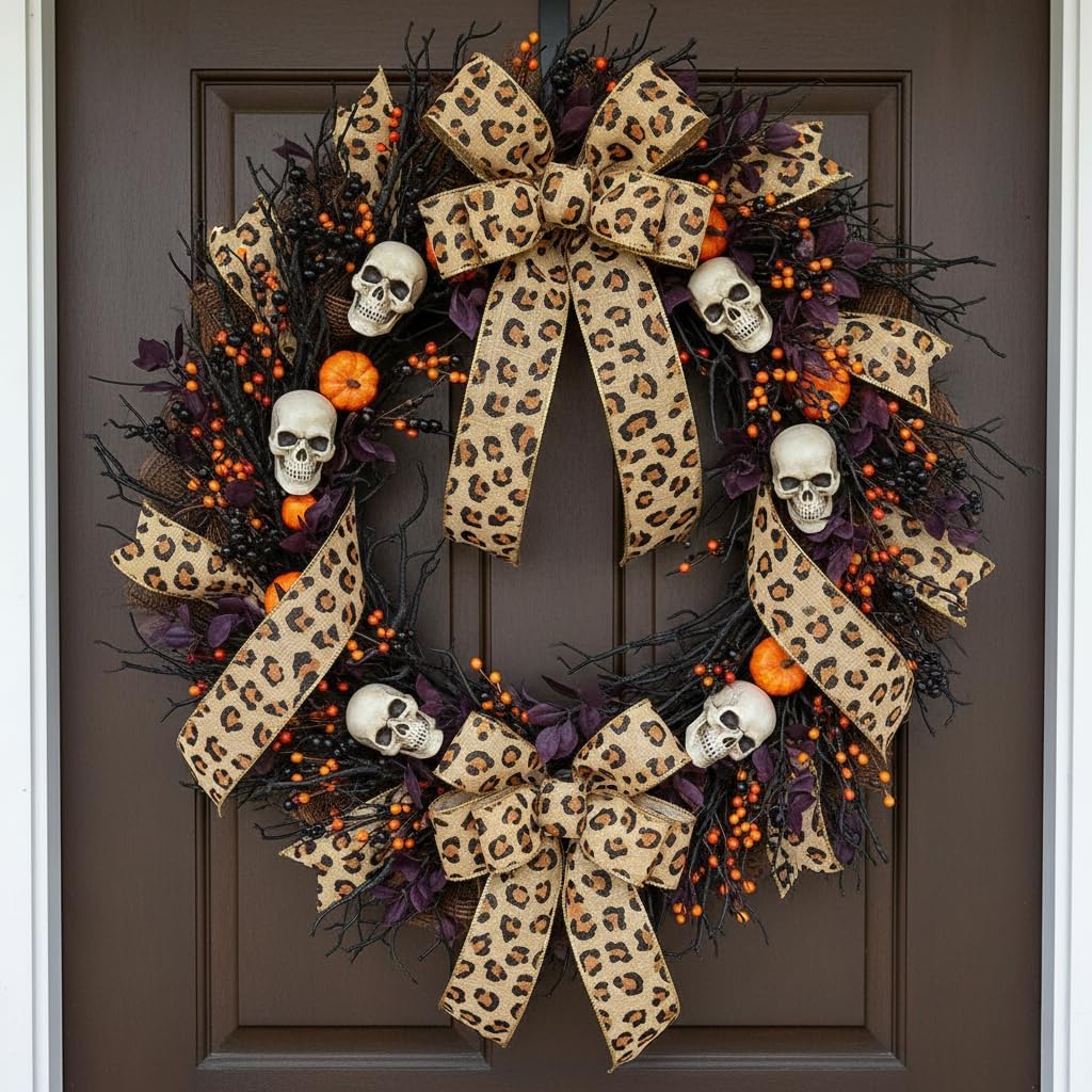 CT CRAFT LLC Burlap Leopard Fabric Wired Ribbon 2.5" x 10 Yards Natural with Black and Bronze Color for Christmas Home Wedding Decor Gift Wrapping Tree Topper Bow Wreath Bouquet DIY Crafts