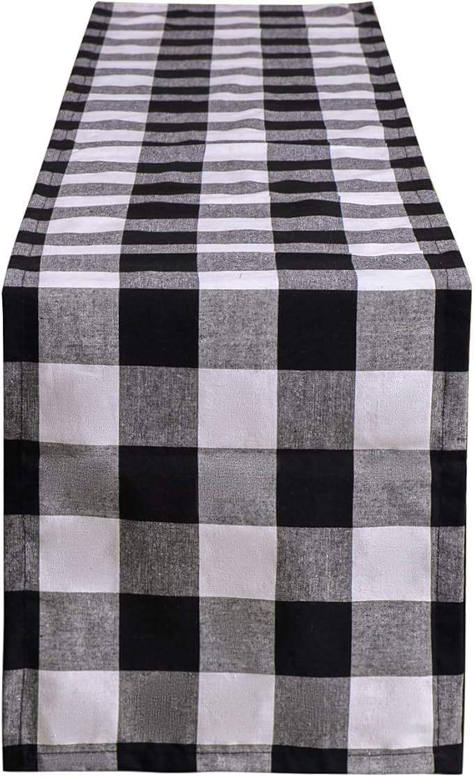 Tosewever Buffalo Check Plaid Table Runner, Cotton Polyester Blend Classic Family Dinner Table Runners for Indoor Outdoor Parties, Christmas Events Home Decoration (Black and White, 14 x 72 Inch)