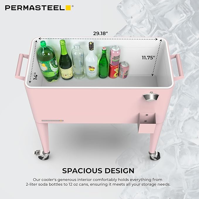 Permasteel 80 Quart Party Cooler, Rolling Ice Chest with Wheels and Handles for Indoor Outdoor Patio