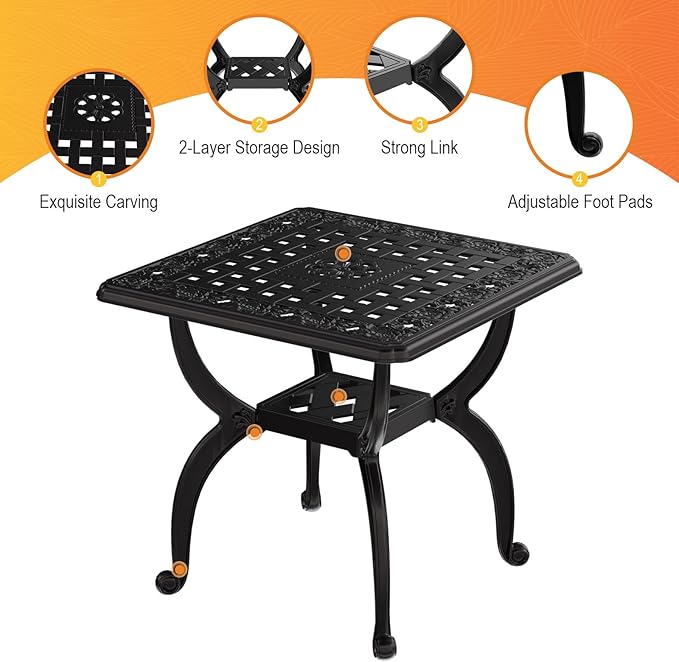 Cast Aluminum Outdoor Side Table, All Weather Square Bistro Table, Outdoor Coffee Table, Small End Table for Patio, Indoor, Lawn, Garden, Black