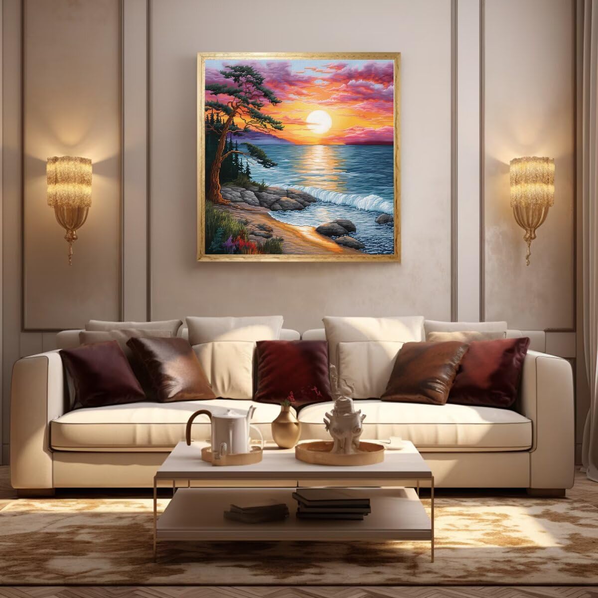 51buyoutgo 11CT Stamped Cross Stitch Kits for Adults - 16x16 in Beginner Embroidery Kit with Easy Funny Washable Seaside Landscape Pattern, Pre Printed Fabric for DIY Home Decor, Gifts, Stress Relief