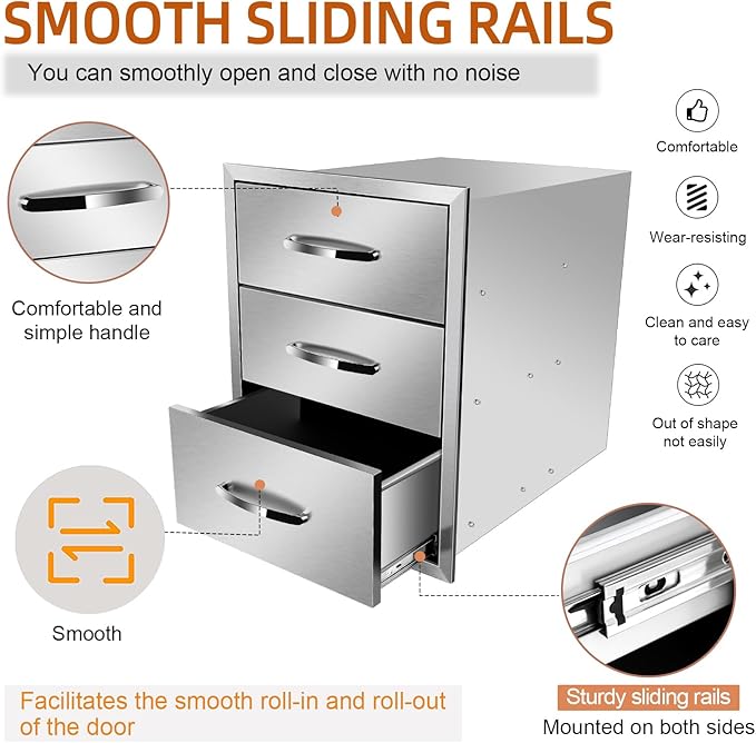 Outdoor Kitchen Stainless Steel Triple Access BBQ Drawers With Handle For BBQ Island Patio Grill Station,Three Drawers