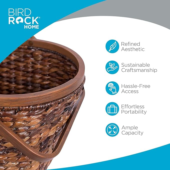 BirdRock Home Seagrass and Abaca Picnic Basket with Wood Lid | Hand Woven | Espresso | Decorative Latch | Wooden Top | Home Décor | Folding Handles