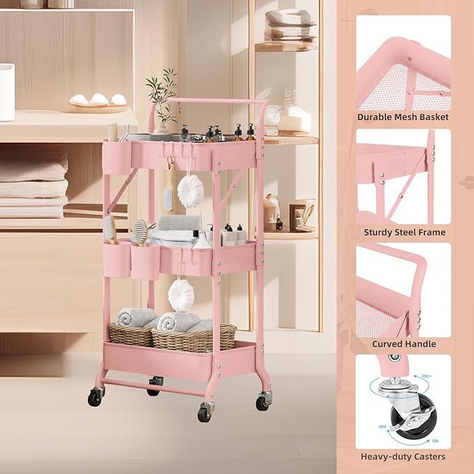 3-Tier Folding Rolling Utility Cart with Wheels, Metal Foldable Storage Cart Organizer with 3 Hanging Cups & 6 Hooks for Kitchen, Office, Living Room, Nursery(Pink)
