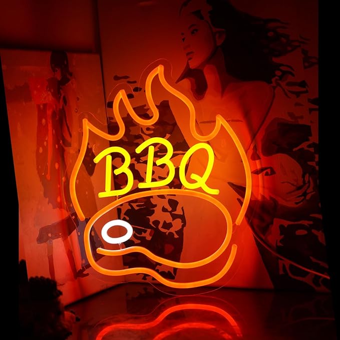 BBQ Neon Signs for Backdrop wall decor，Dimmable USB Powered,Barbecue Neon Light Up Home Party restaurant Grill Beer Bar Decoration Lights, Bright LED bbq sign (14.8"*12.2"in)