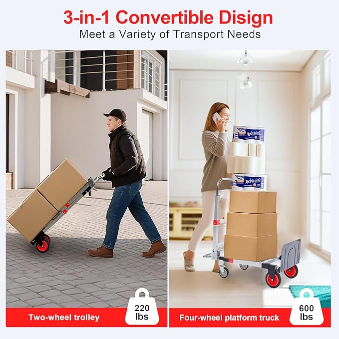 Upgraded 3 in 1 Aluminum Folding Hand Truck, 600lbs Capacity, Heavy Duty Convertible Dolly with Retractable Handle and 4 Rubber Wheels, Collapsible Cart for Moving Home, Office, Warehouse (Red)