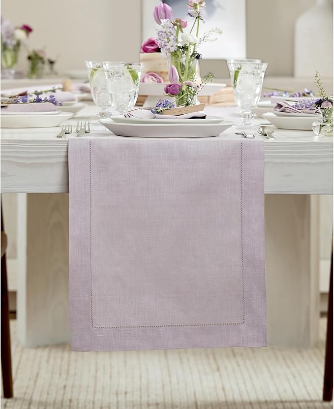 Solino Home Linen Lilac Table Runner 90 Inches Long - 100% Pure Linen Hemstitch 14 x 90 Inch Table Runner for Dining, Valentines, Spring, Easter - Classic Hemstitch