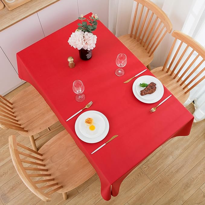 LIBERECOO Vinyl Tablecloth with Flannel Backing, Red, Waterproof, Stain-Resistant, Easy-Clean Table Cover for Holiday, Dining, Kitchen, and Outdoor Use, 60" x 84" Rectangle