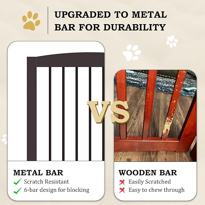 Freestanding Pet Gate with Door, Tall Dog Gate for House, Extra Wide, Pet Puppy Safety Fence, Support Feet Included, 120 Inch Wide, 6 Panels 32" Tall, Brown