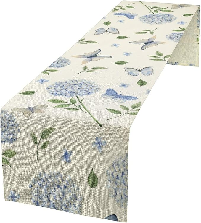 Spring Hydrangea Table Runner, Summer Moth Watercolor Sky Blue Butterfly Flowers Rustic Farmhouse Garden Print Table Cover for Kitchen Dining Room Table Home Party Decor,13x60inch
