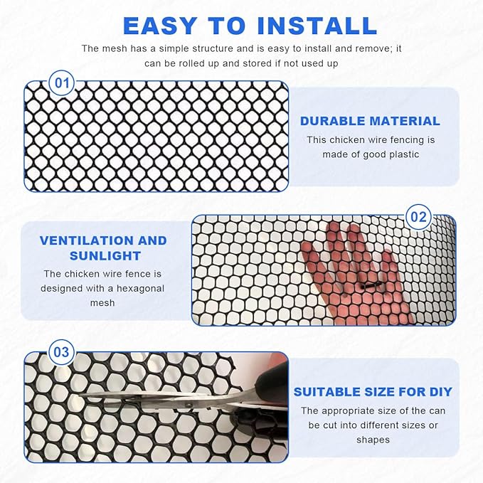 Plastic Chicken Wire Mesh Fence Roll with Zip Ties,15.7inx32.8ft Black,Chicken Wire Fencing,Garden Fence Animal Barrier for Dogs, Cats & Poultry,Easy Install