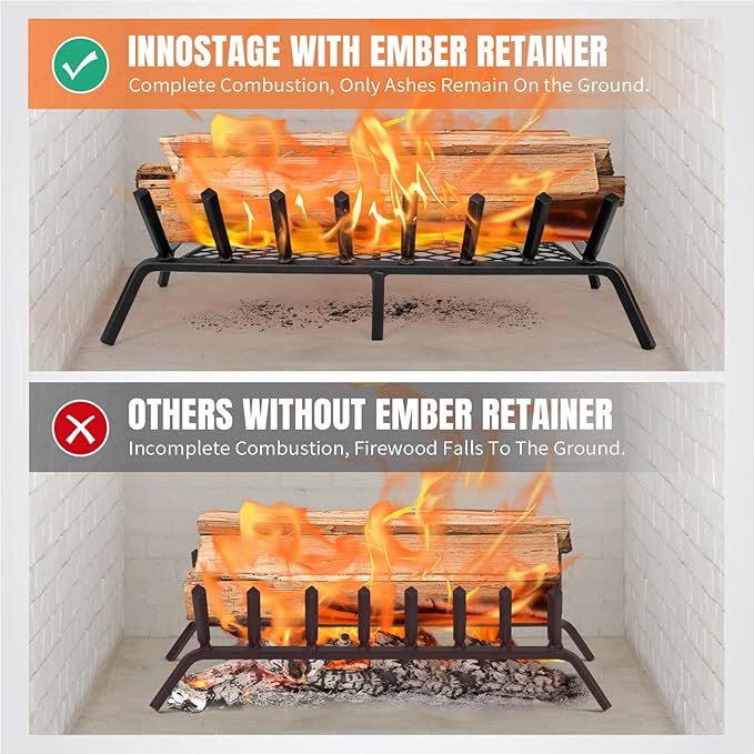 INNO STAGE Fireplace Grates with Ember Retainer - 30 Inch Fireplace Log Grate, Firewood Wood Log Holder Rack, Inside Wrought Cast Iron Fire Grate for Hearth Indoor Outdoor Camping