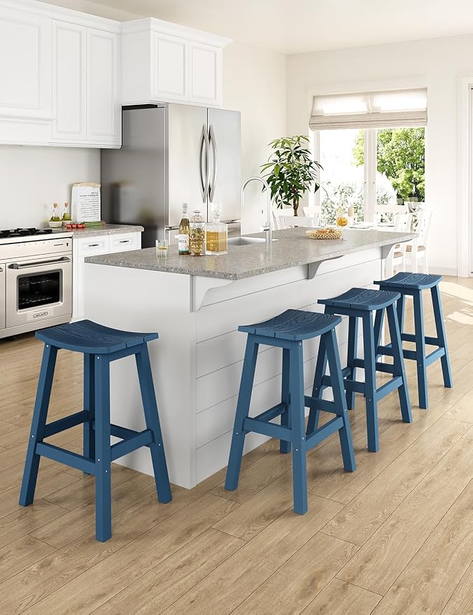 Weatherproof Bar Stools Set of 4, 28" Height Outdoor Bar Stools Holds up to 400 lbs, Saddle Seat, Bar Height Stools for Patio, Garden, and Kitchen Island, Blue