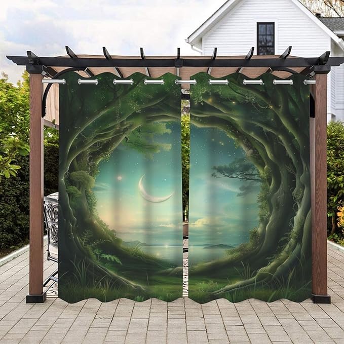 Forest Theme Outdoor Curtains for Patio Waterproof,Trees Moon Lake Pattern,Privacy Weatherproof Grommet Outside Curtains for Porch, Pergola, Cabana,Set of 2 Panels,42 x 84 inch,Green