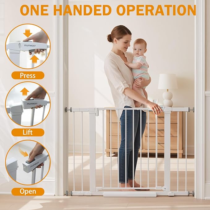 Baby Gate for Stairs, 29.7-43" Auto Close Dog Gate for Doorways & Hallways, Pressure Mounted Pet Gate with Walk Thru Door, Easy Install Safety Gate for Children & Pets, No Drilling, Dual-Lock Design