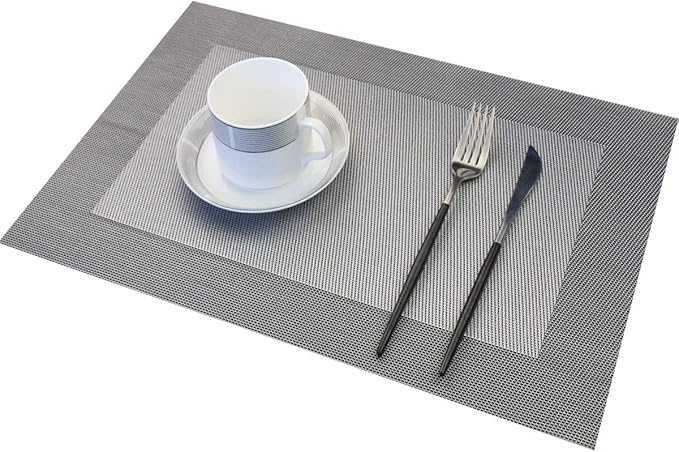 Vinyl Placemats Heat-Resistant Table Mats Washable Easy Clean Plastic Placemats for Dining Table Set of 4(Dark Silver)