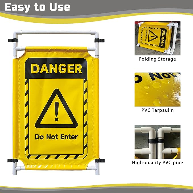 Safety Caution Barricade 2Panels Foldable Security Signs With PVC Tarp Removable Safety Barrier Wet Floor Guard Symbol Clear Printing Safety Fence(Yellow)