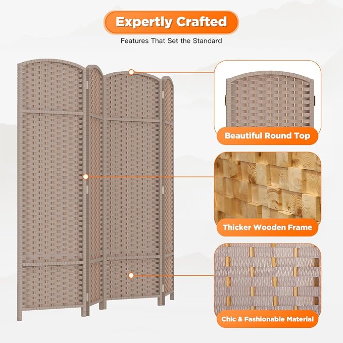 Room Divider 4 Panel Screen 5.6 Ft Tall Partition Room Dividers Beige Privacy Screens Folding Room Separation Free Standing Waterproof Wood Frame Wall Divider