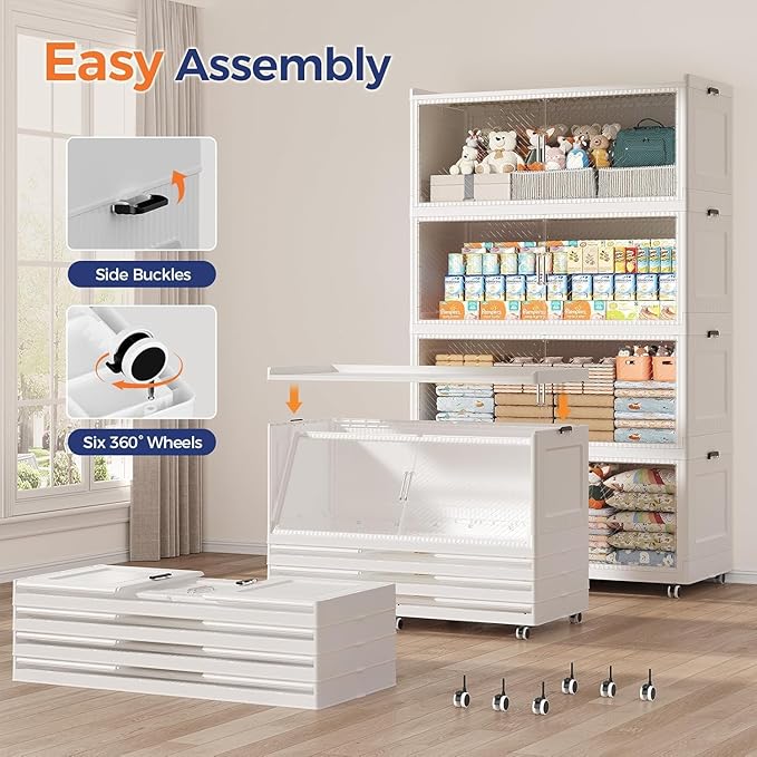 150GAL Extra Large Storage Bins with Lid, 600QT Collapsible Organizer with Wheels, Stackable Closet Cabinet with Doors, Folding Storage Containers for Home, Office, Kitchen, 3Pack White