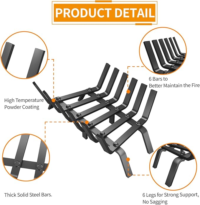 Heavy Duty 17Inch Fireplace Grate, Solid Steel Log Rack for Wood Burning, Extra Wide Firewood Grates for Indoor Fireplace & Outdoor Fire Pit, Wood Stove Grate