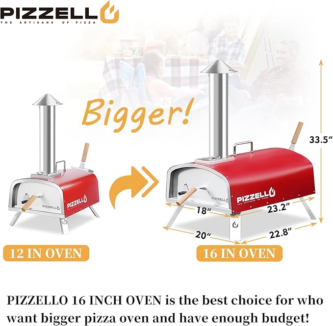 PIZZELLO 16" Outdoor Pizza Oven Propane & Wood Fired Stainless Steel Pizza Grill with Gas Burner, Wood Tray Pizza Stone, Pizza Peel, Carry Bag (Red)