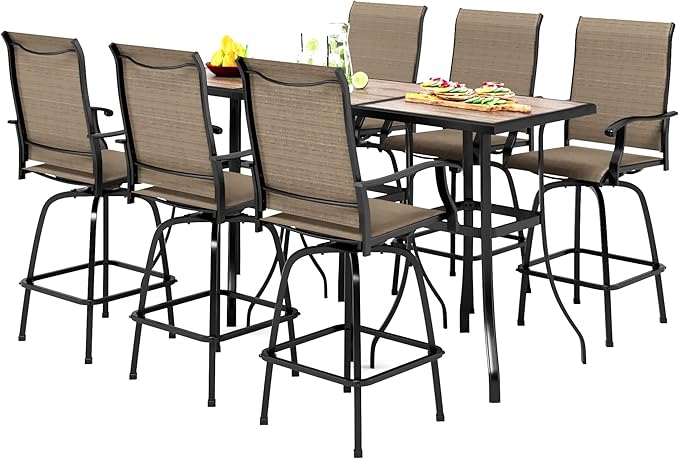 PHI VILLA Outdoor Swivel Patio Bar Set of 9, Patio Bar Table and Chairs Set with High Top Patio Chairs and Wood Like Bar Table, All-Weather Outdoor Bar Furniture Set for Garden, Brown