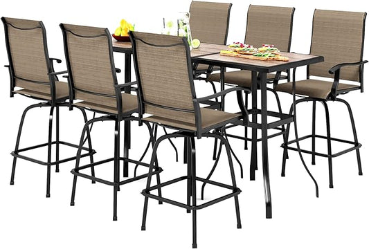 PHI VILLA Outdoor Swivel Patio Bar Set of 9, Patio Bar Table and Chairs Set with High Top Patio Chairs and Wood Like Bar Table, All-Weather Outdoor Bar Furniture Set for Garden, Brown