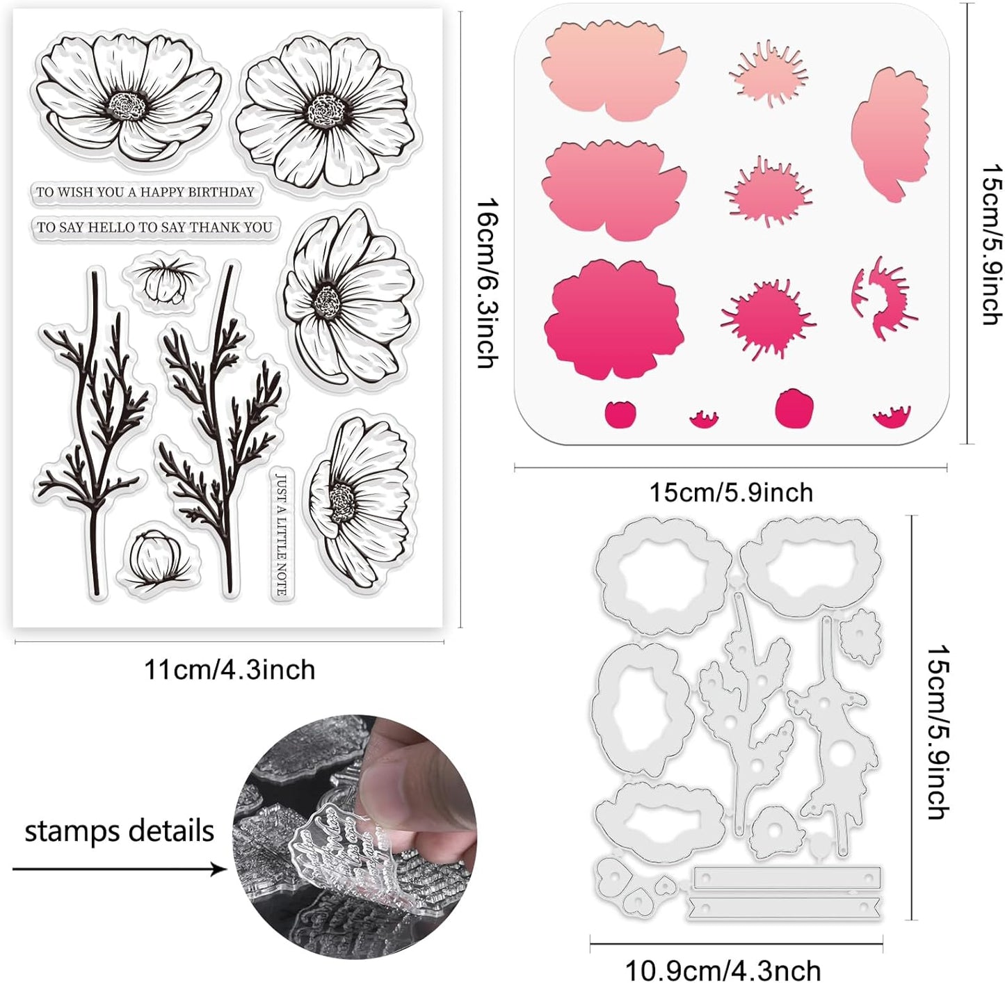 ORIGACH Realistic Cosmos Flower Layering Stencils Set for Card Making, Coreopsis Flower Stencil Template Silicone Stamps and Die Sets for Scrapbooking DIY Crafting