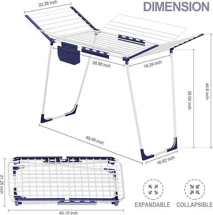 APEXCHASER Clothes Drying Rack Foldable - Drying Rack Clothing Large Space, Winged Laundry Rack with Sock Clips for Hanging Towels Clothes Dress Bedding Indoor Outdoor, White