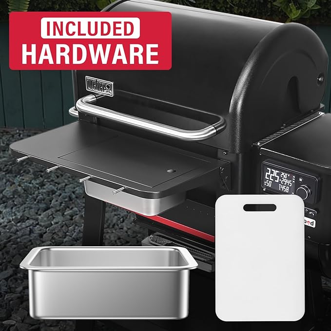Utheer Front Folding Grill Table for Weber Searwood 600 – 23" x 14" Large Front Shelf with Stainless Steel Basin, Works Cutting Board, Lid & 5 Hooks, Heavy-Duty Weber Searwood 600 Accessories