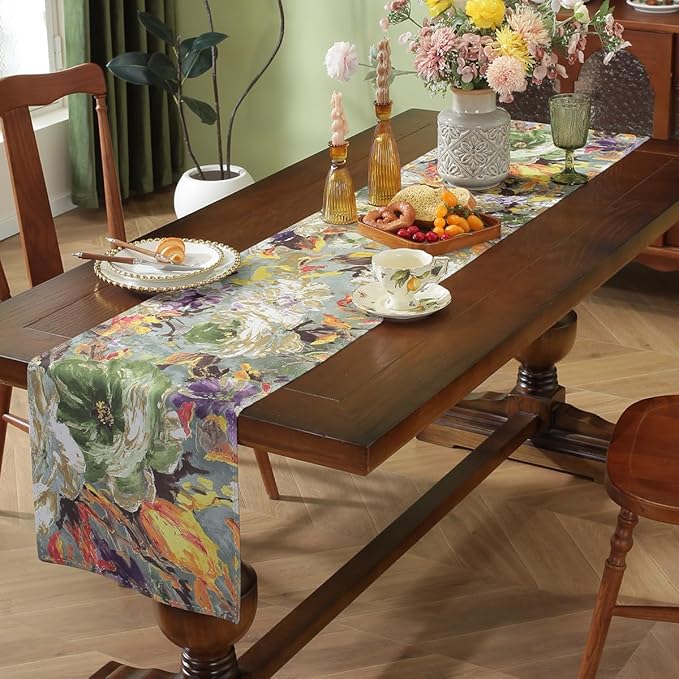 Double-Sided Table Runner - Reversible Oil Painting & Banana Leaf Design, Waterproof Linen Cotton for Dining Table Decor, Holiday Home Decoration（Green）
