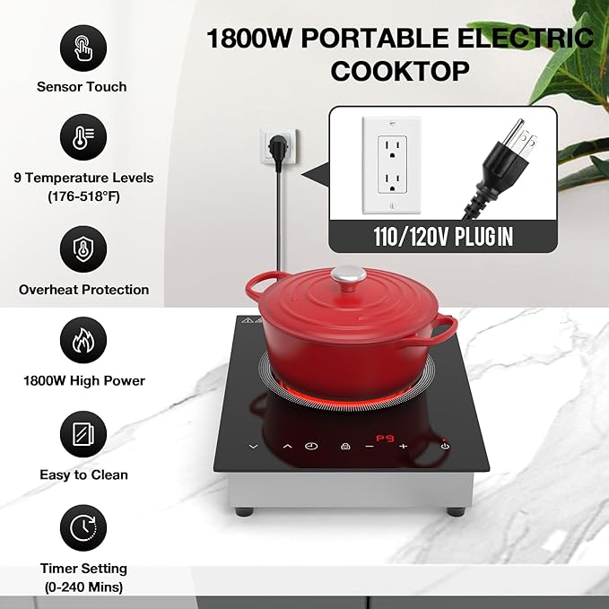 single burner Electric Cooktop,110V 1800W Electric Stove Top with LED Touch Control,Portable cooktop 9 Power Levels, 4hTimer, Safety Lock,Overheat protection
