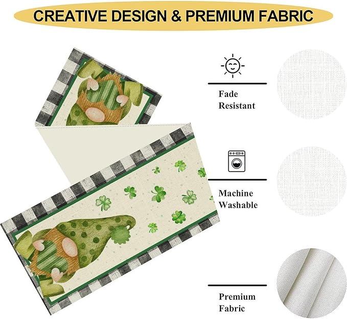 St.Patrick's Day Table Runner,Vintage Black White Plaid Green Polka Dot Gnome Shamrock Seasonal Spring Table Center Decor for Home Kitchen Dining Patio Party Indoor Decorations, 13"x90"