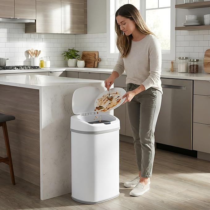 iTouchless 13 Gallon Automatic Sensor Trash Can with Lid, AbsorbX Odor Control System, Chalk White Stainless Steel Kitchen Garbage Bin, Fingerprint-Proof, Hands-Free Operation, Oval