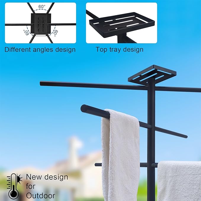 Hot Tub Towel Rack with Tray, 304 Stainless Steel 6 Arms Freestanding Swimming Pool Towel Holder,Black Marble Base Outdoor Bath Sheet Drying Bar for Spa, Hot Tub & Patio