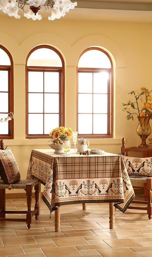Vintage Brown Checkered Long Rectangle Tablecloth,Italian Floral Linen Wrinkle Resistant Table Cloth,Decor Table Cover for Kitchen,Dining,Thanksgiving,Christmas,63"*102"-Seville