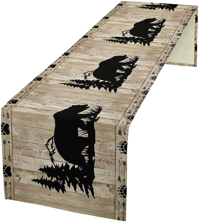 Bear Table Runner, Wild Animals Rustic Cabin Forest Bear Print Wooden Board Table Runner for Dining Kitchen Home 13x108in