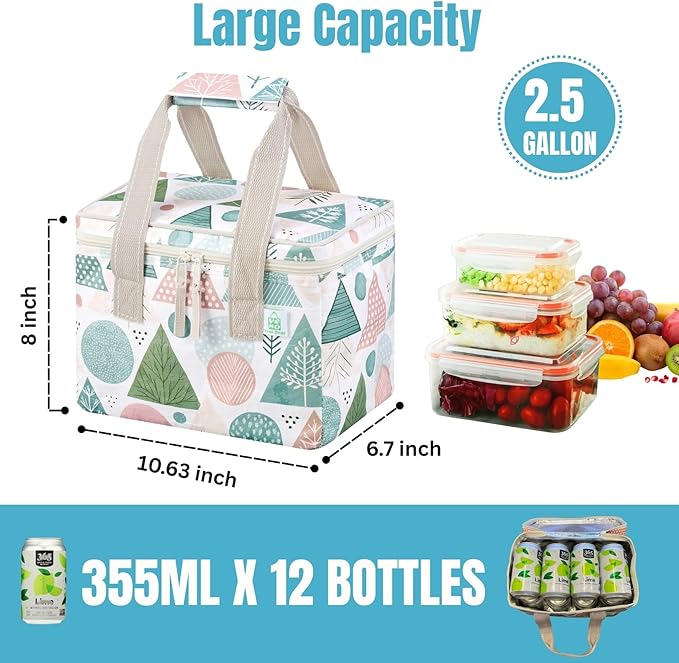 VENO 2 Pack Christmas Insulated Lunch Bag, Heavy Duty Insulated Grocery Bags, Small Cooler with Water-Resistant PP Exterior for Work, Picnic, Travel, Easy-Clean (Pastel Forest, 2 Pack)