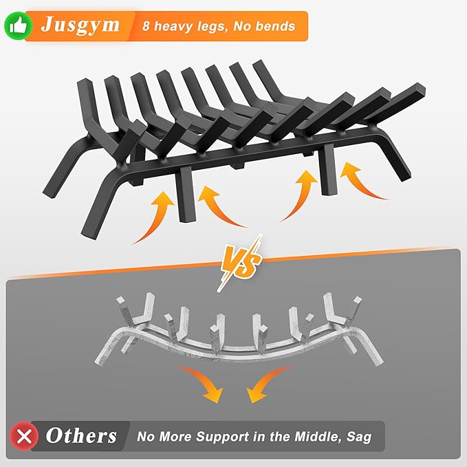 Fireplace Grate 30 Inch with 8 Support Legs, Solid Steel Heavy Duty Fireplace Log Holder with Fire Log Tongs & Fire Poker, Fireplace Log Grate for Indoor Fireplace and Outdoor In-ground Firepit
